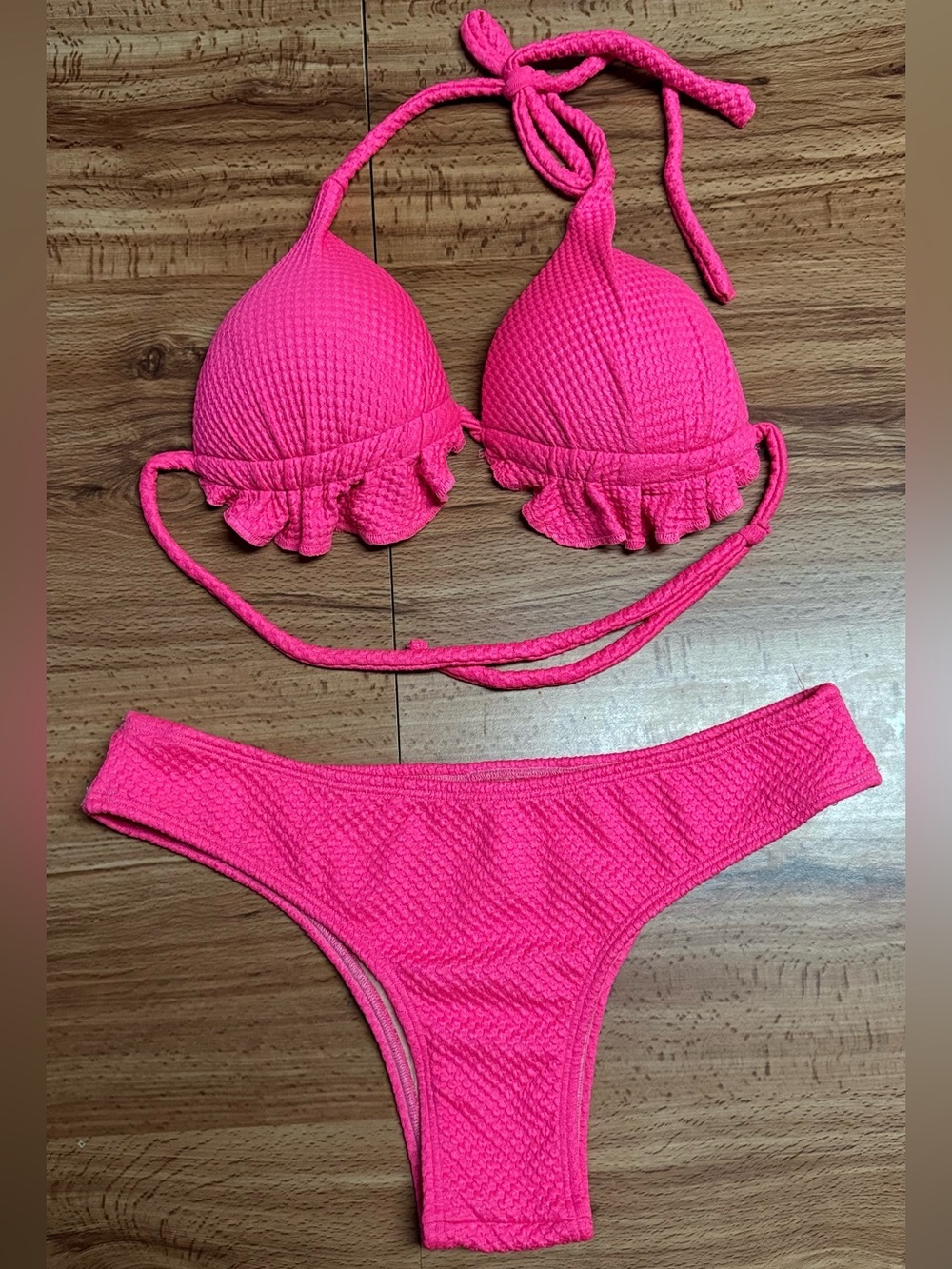 Neon Hot Pink Textured Ruffle Brazilian Bikini Set Women Swim